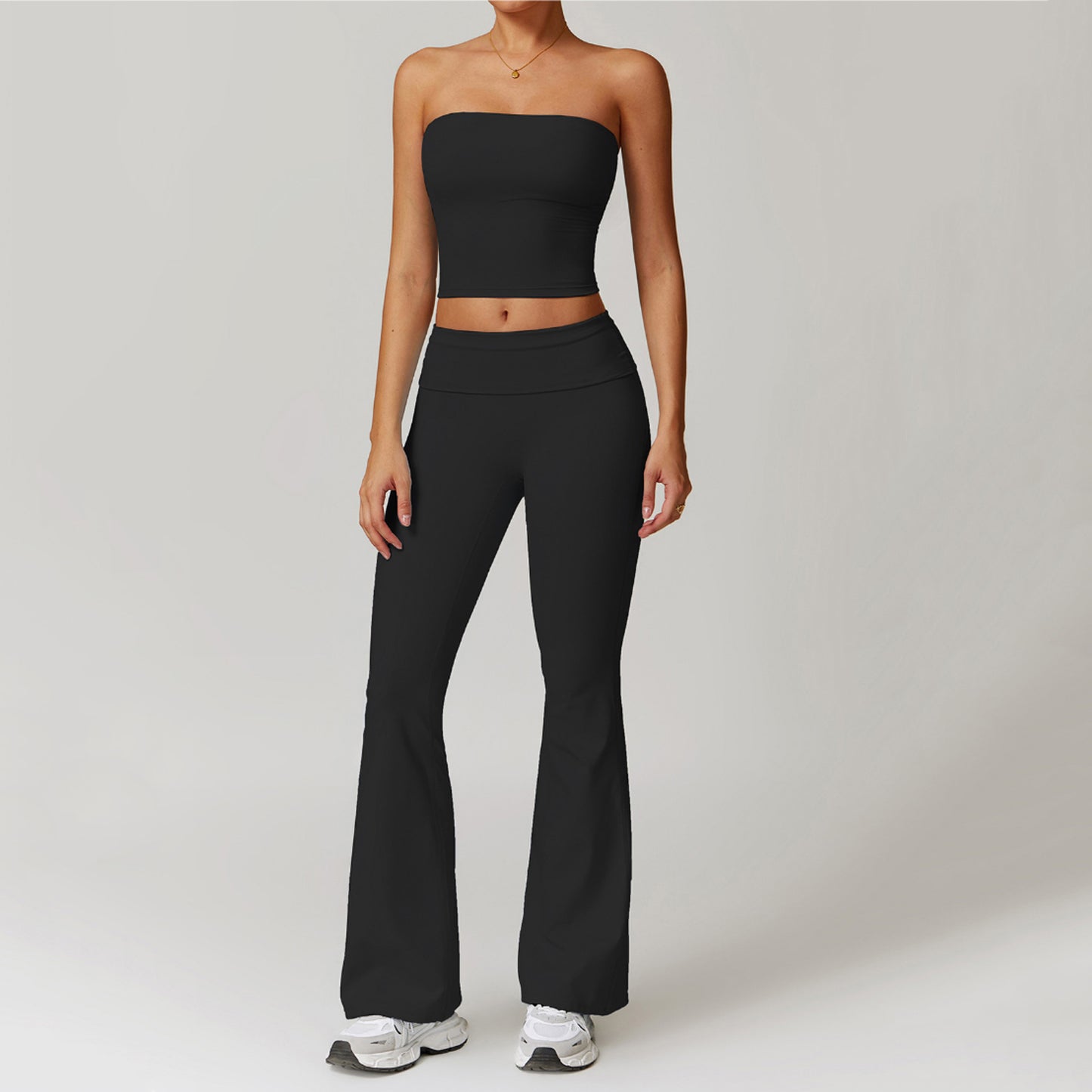 Straplez Crop Katlanan Belli Flare Takım