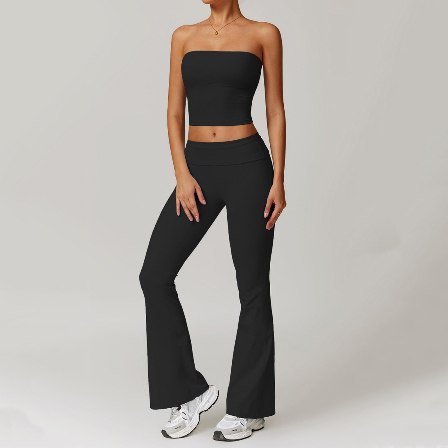 Straplez Crop Katlanan Belli Flare Takım