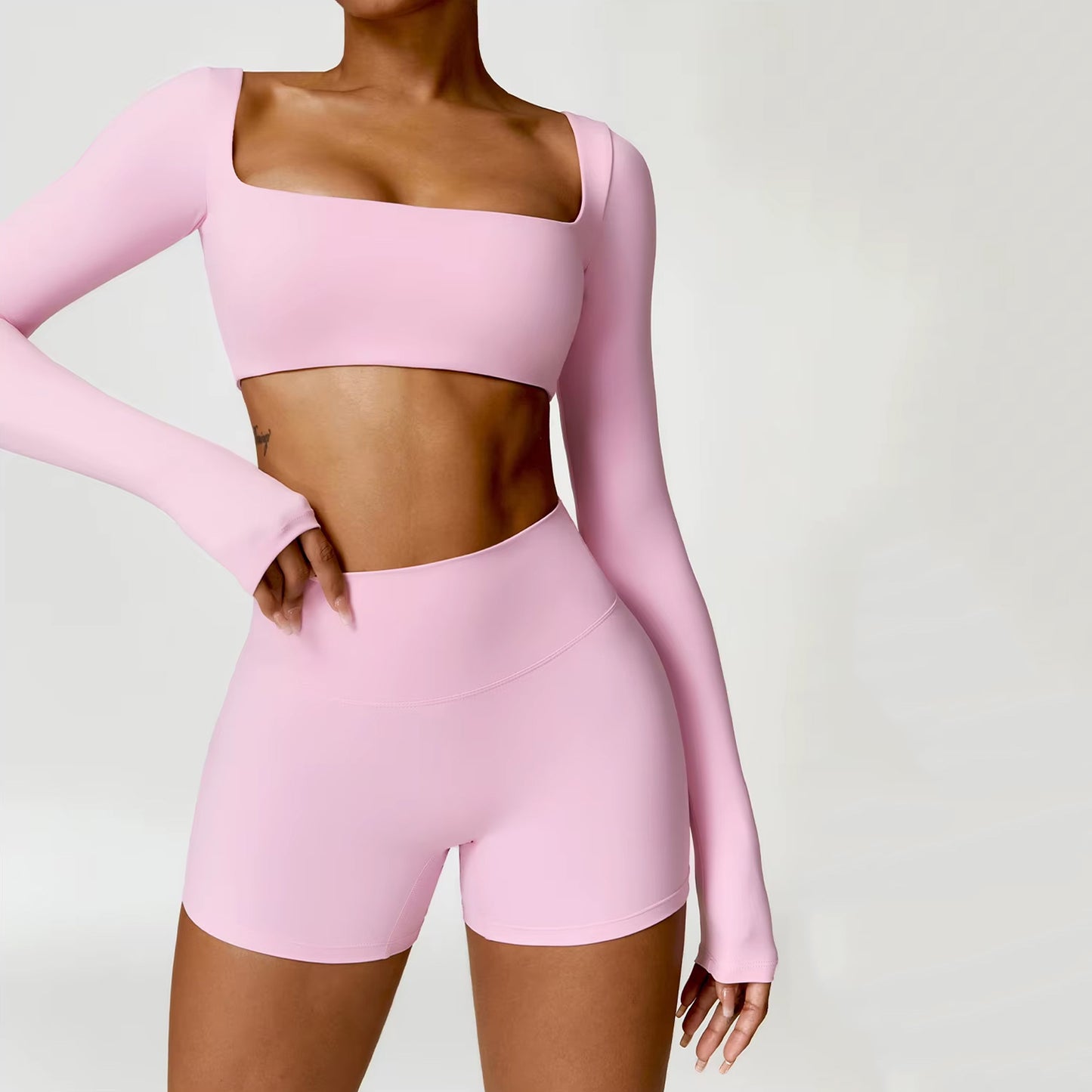 Uzun Kollu Crop Büzgü Biker Şort Takım