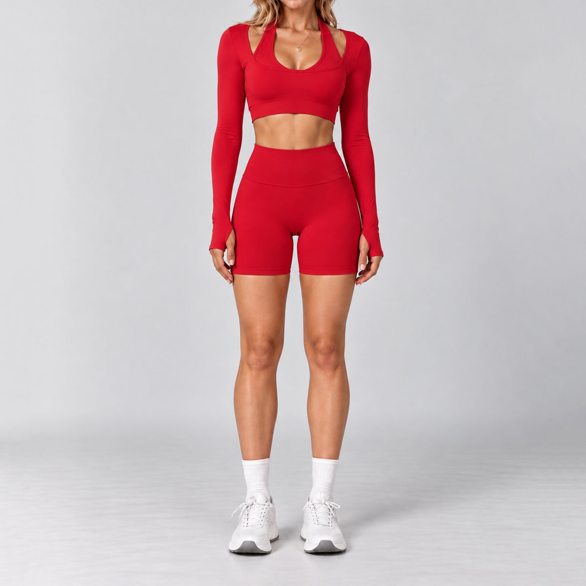 Üçlü Uzun Kollu Crop Bra Şort Takım