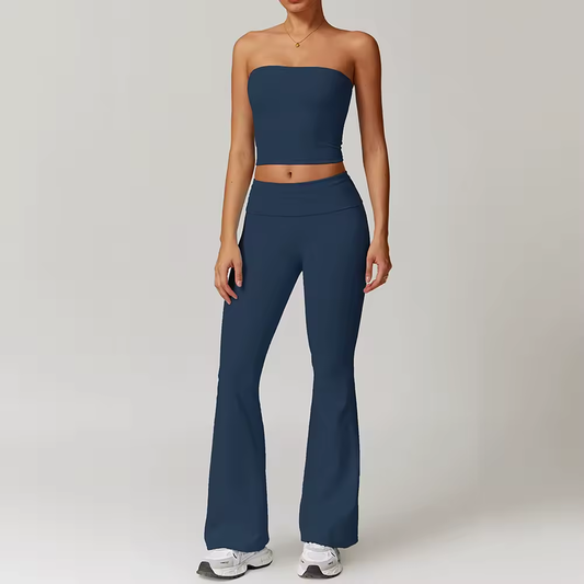 Straplez Crop Katlanan Belli Flare Takım